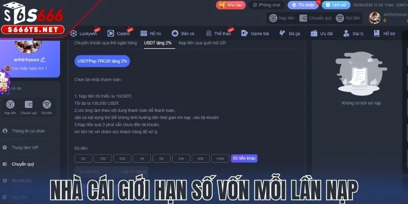 Nhà cái giới hạn số vốn mỗi lần nạp